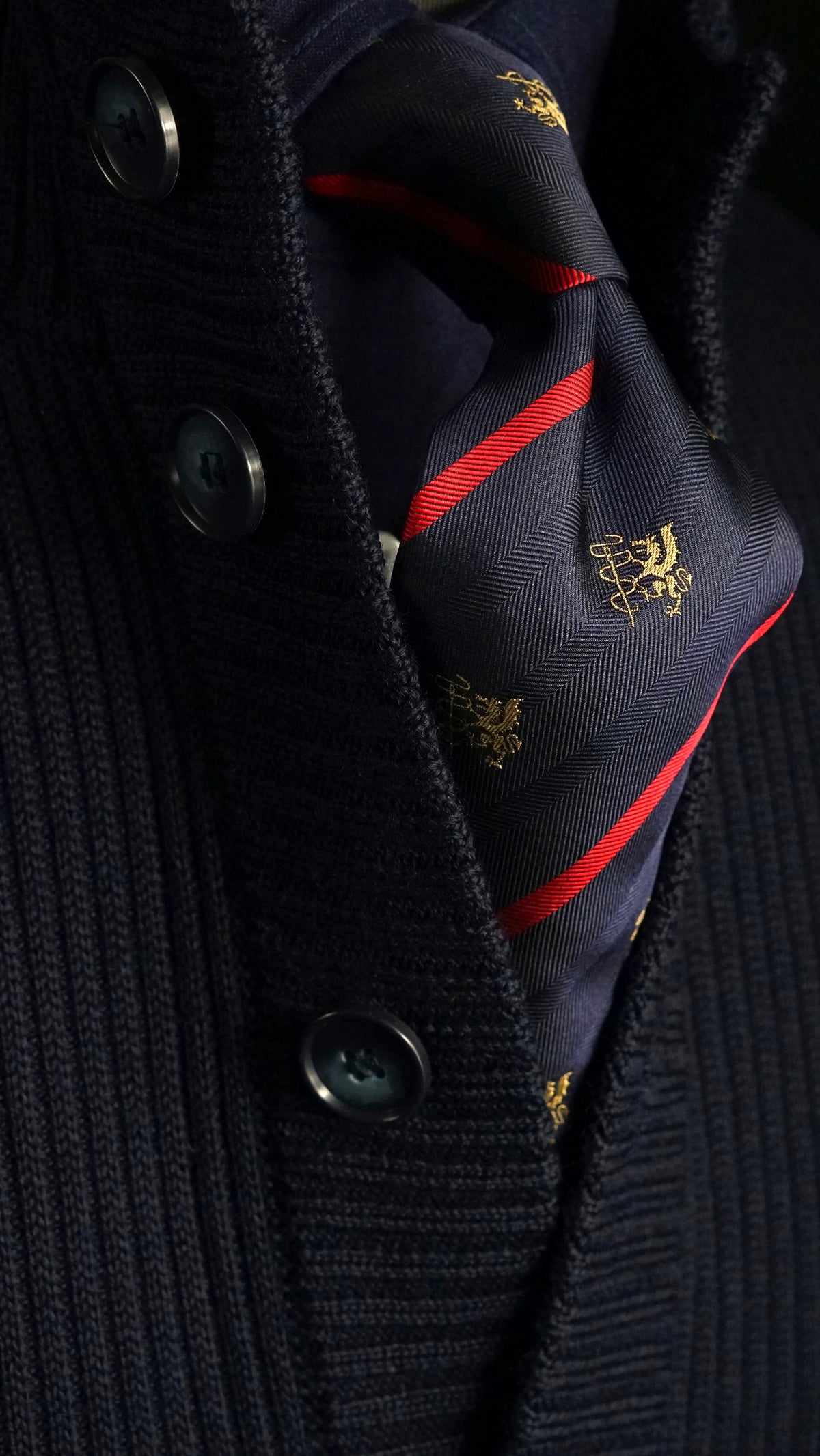 Navy Ribbed High Neck Button Jacket
