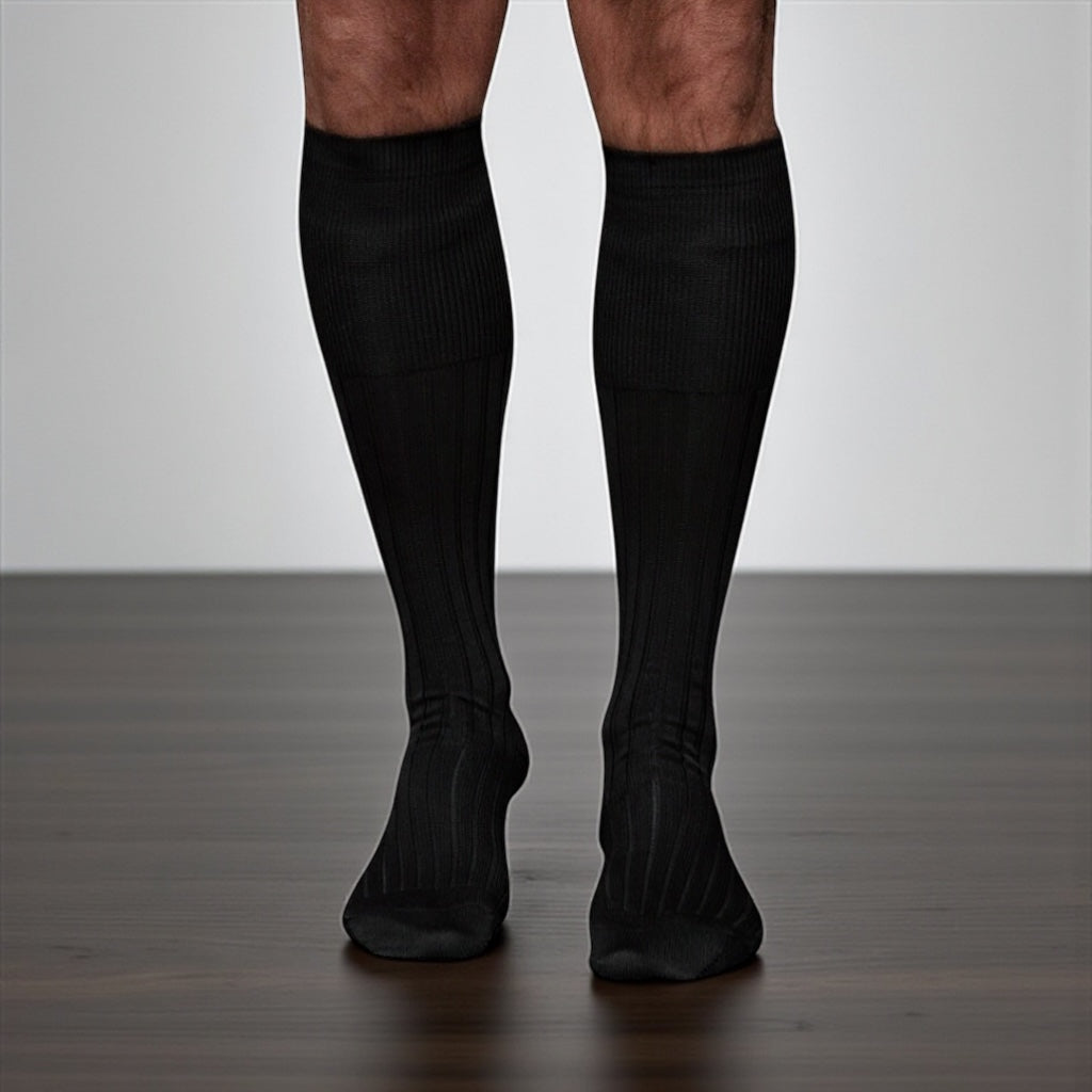 Black Knee High Ribbed Light Merino Wool Ribbed Socks