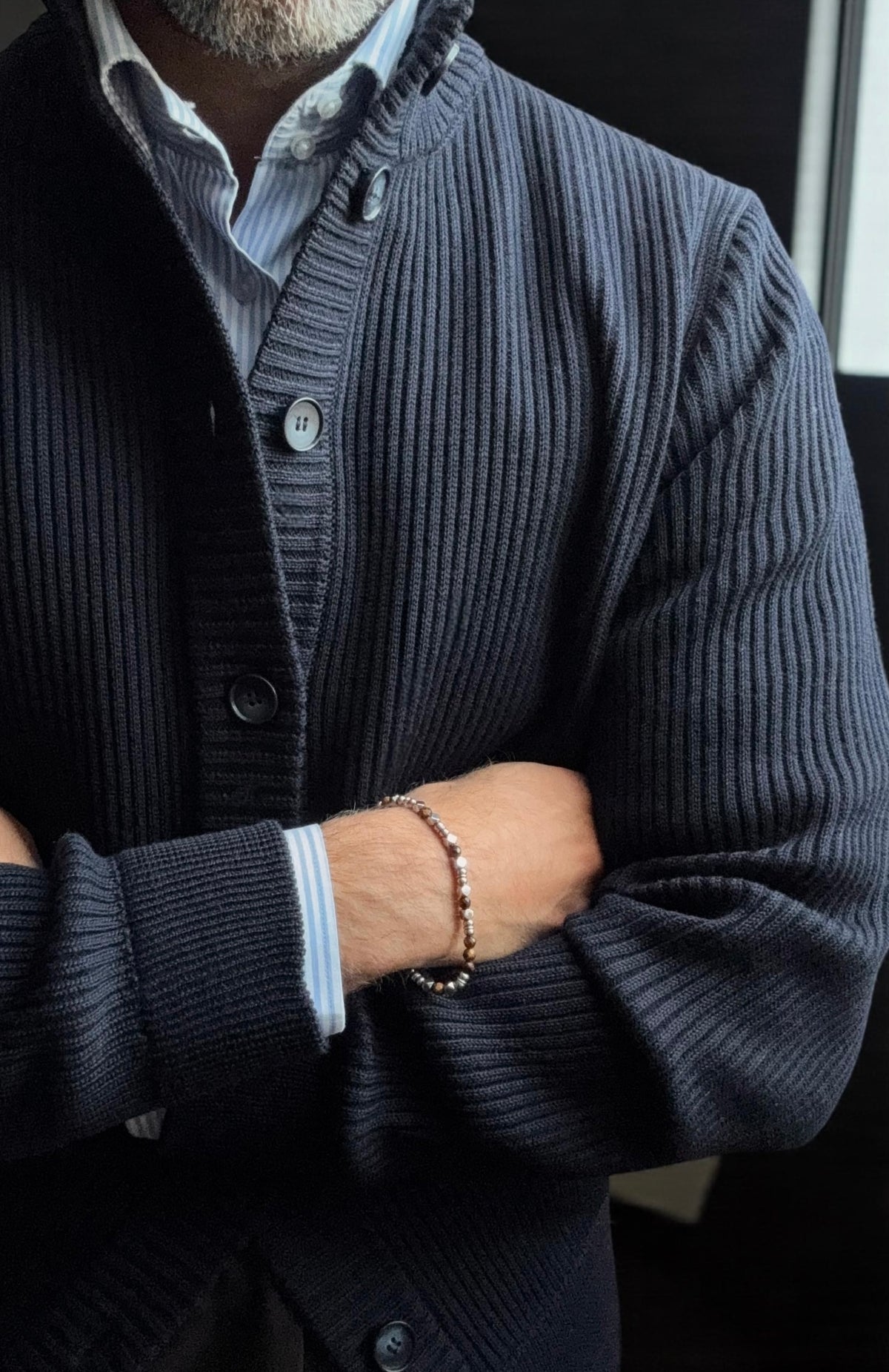 Navy Ribbed High Neck Button Jacket
