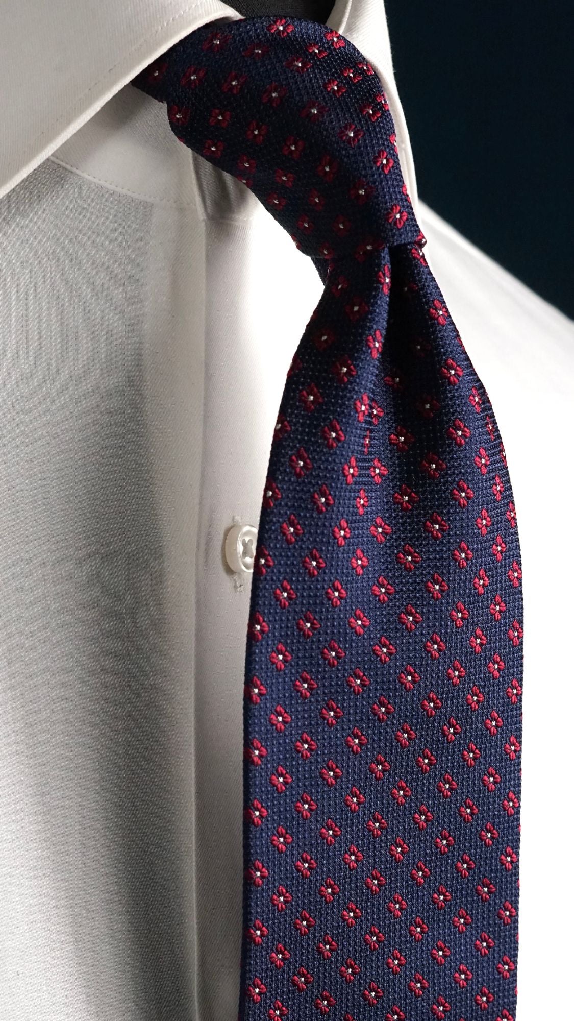 Fiammetta navy floral silk tie by DIROMA 1980, front view