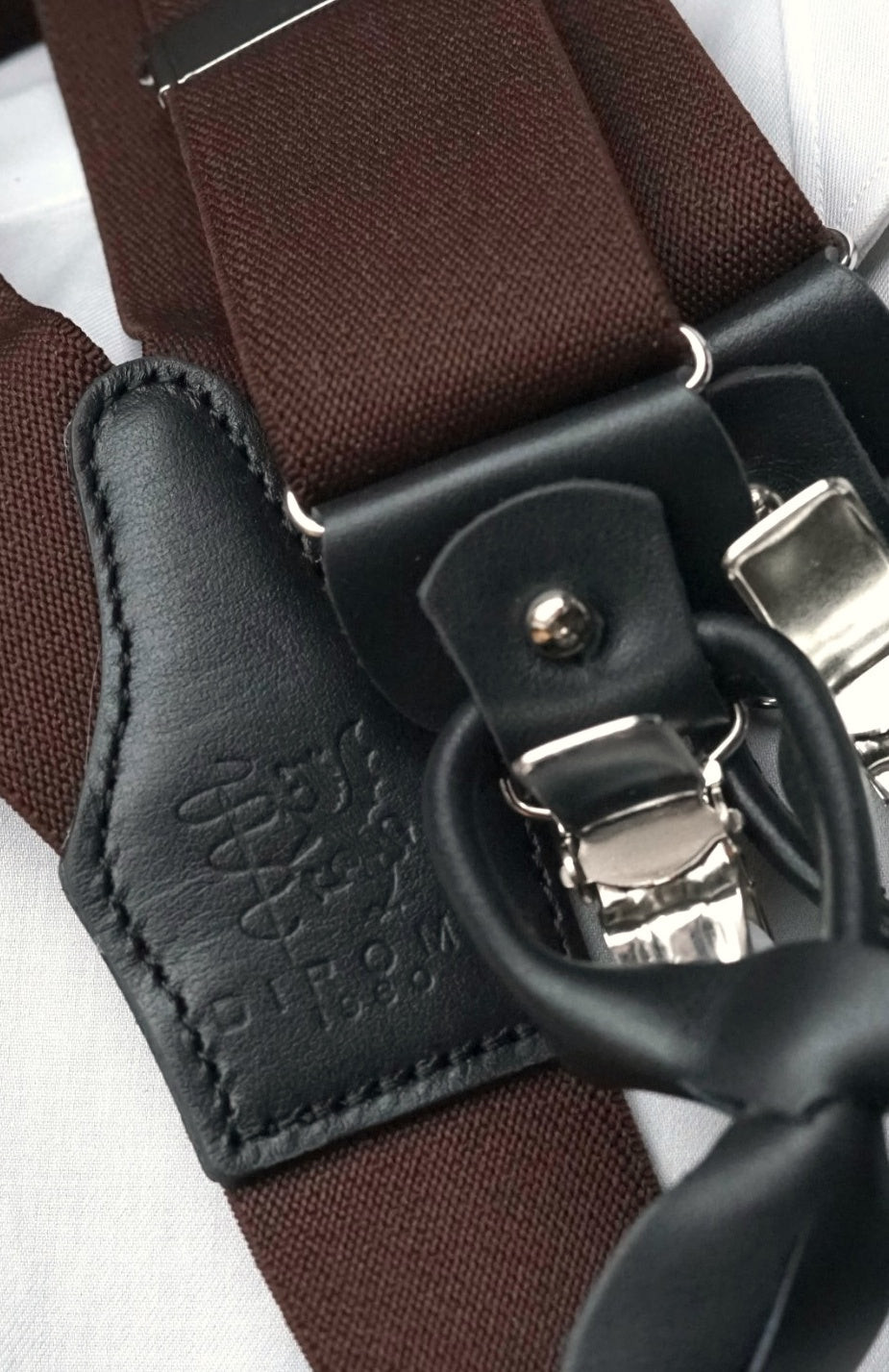 Marcello brown clip/buttons braces, DIROMA 1980 leather patch