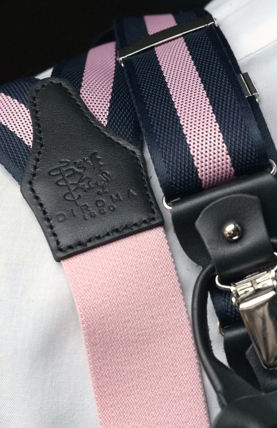 Ottavio navy and pink clip/buttons braces, DIROMA 1980 leather patch