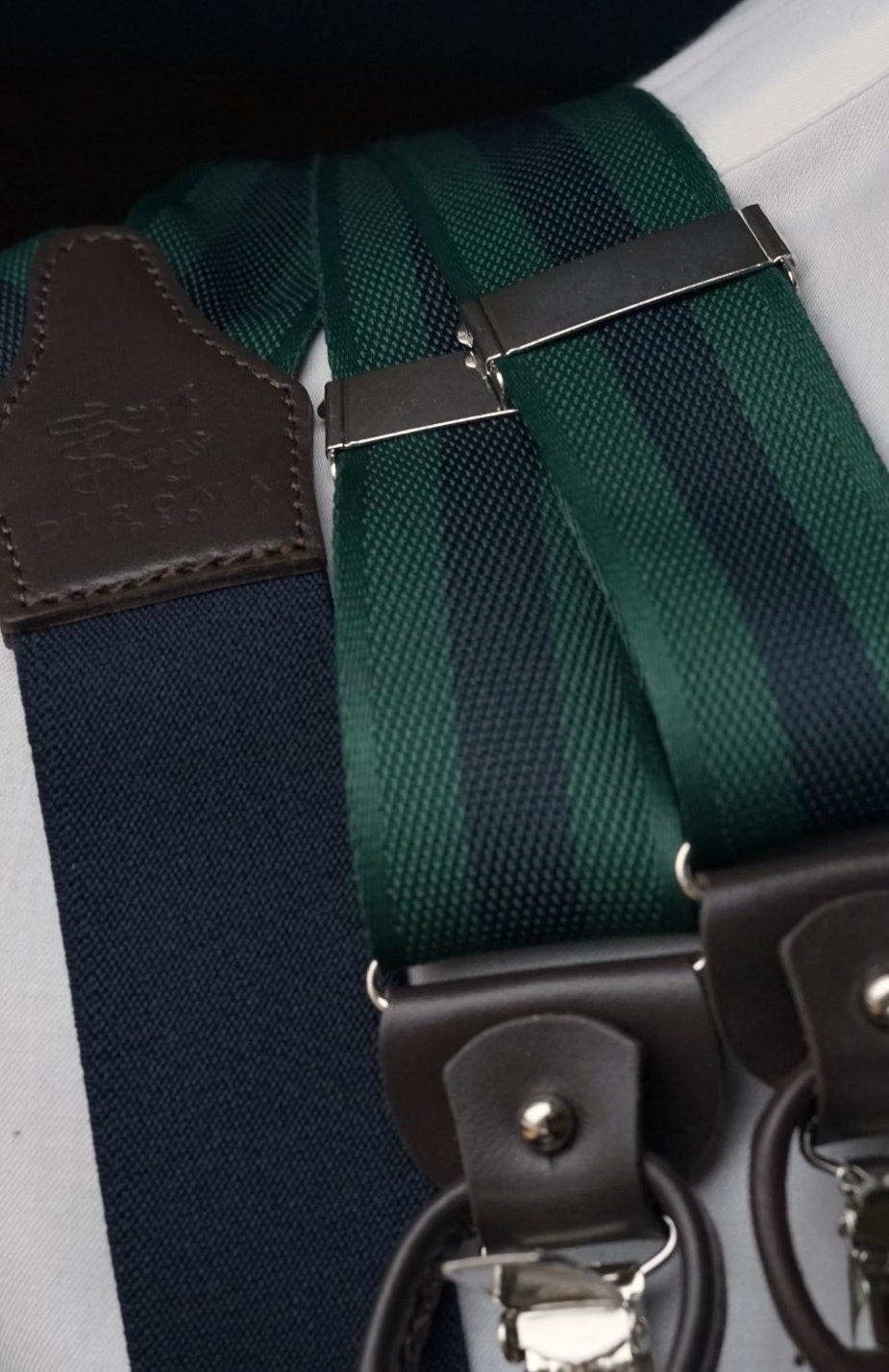 Raffaele green and navy clip/buttons braces, DIROMA 1980 leather patch