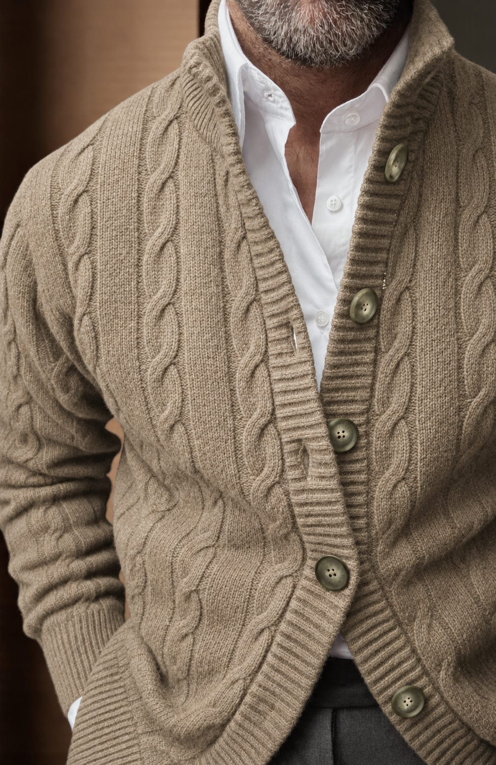 Nucleo Beige Cable Knit Button Jacket