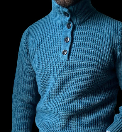 Doblone 3 Button Neck Wool Teal Knit