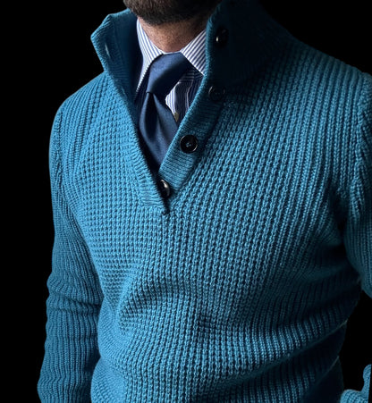 Doblone 3 Button Neck Wool Teal Knit