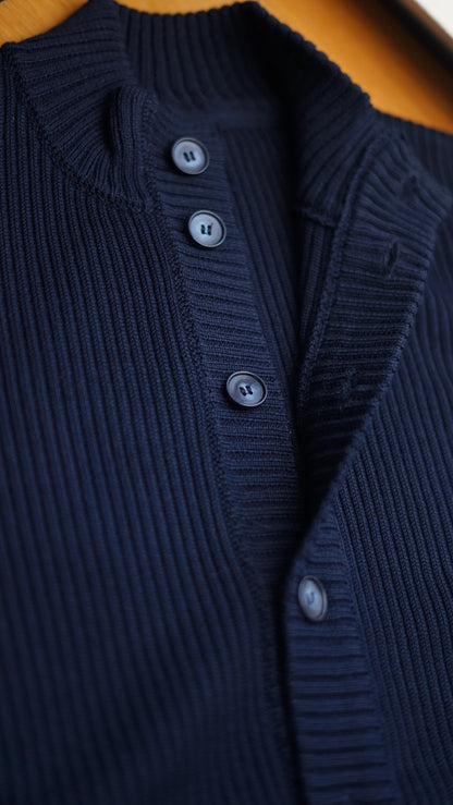 Navy Ribbed High Neck Button Jacket