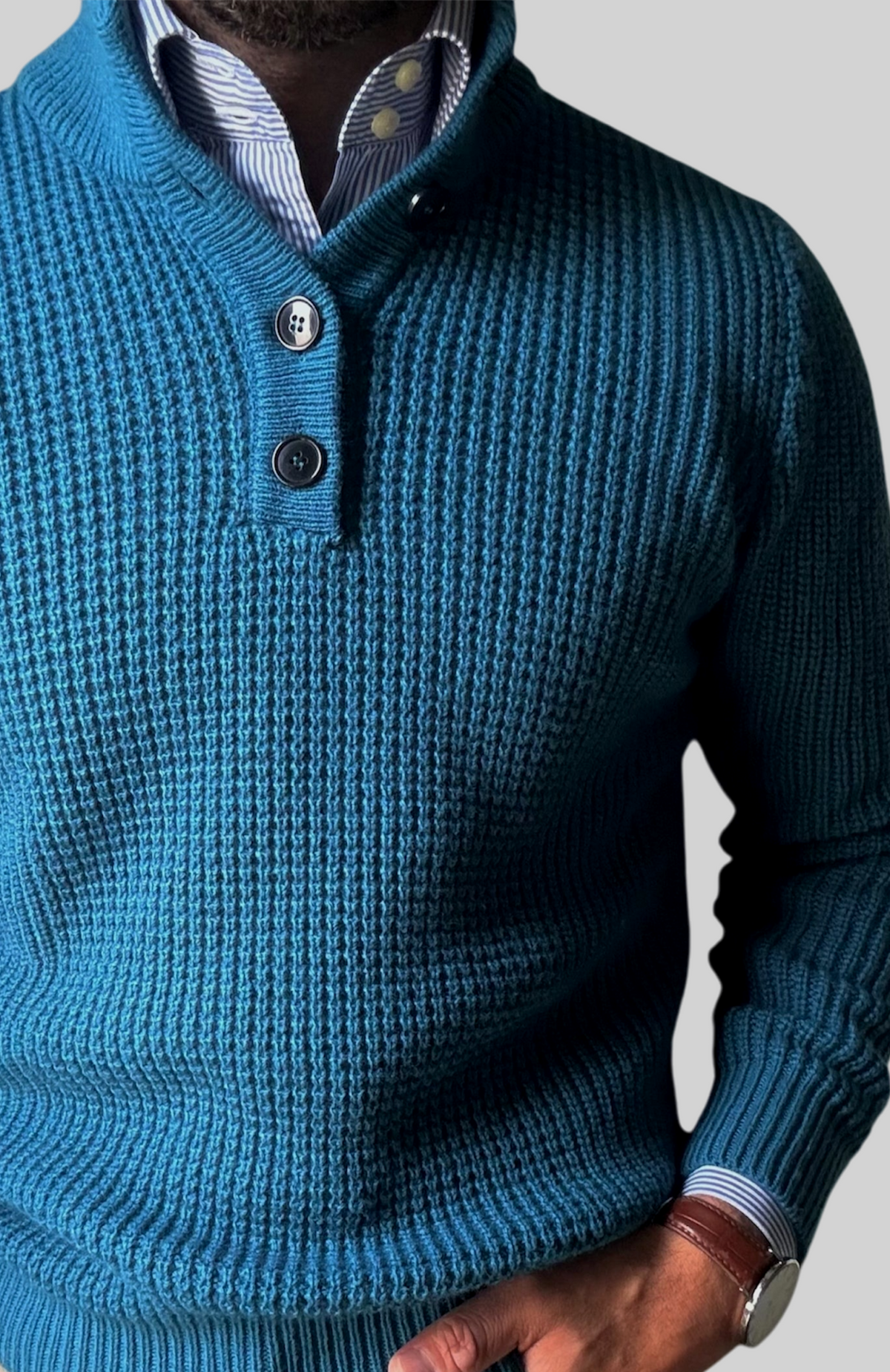 Doblone 3 Button Neck Wool Teal Knit