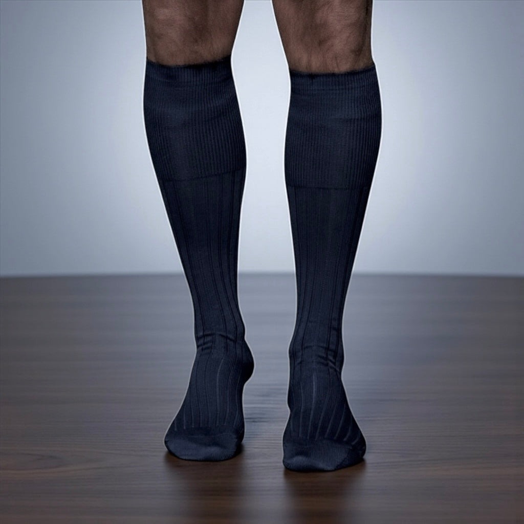 Navy Knee High Ribbed Light Merino Wool Ribbed Socks