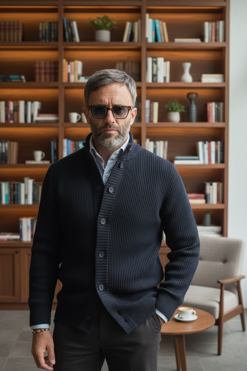 Navy Ribbed High Neck Button Jacket