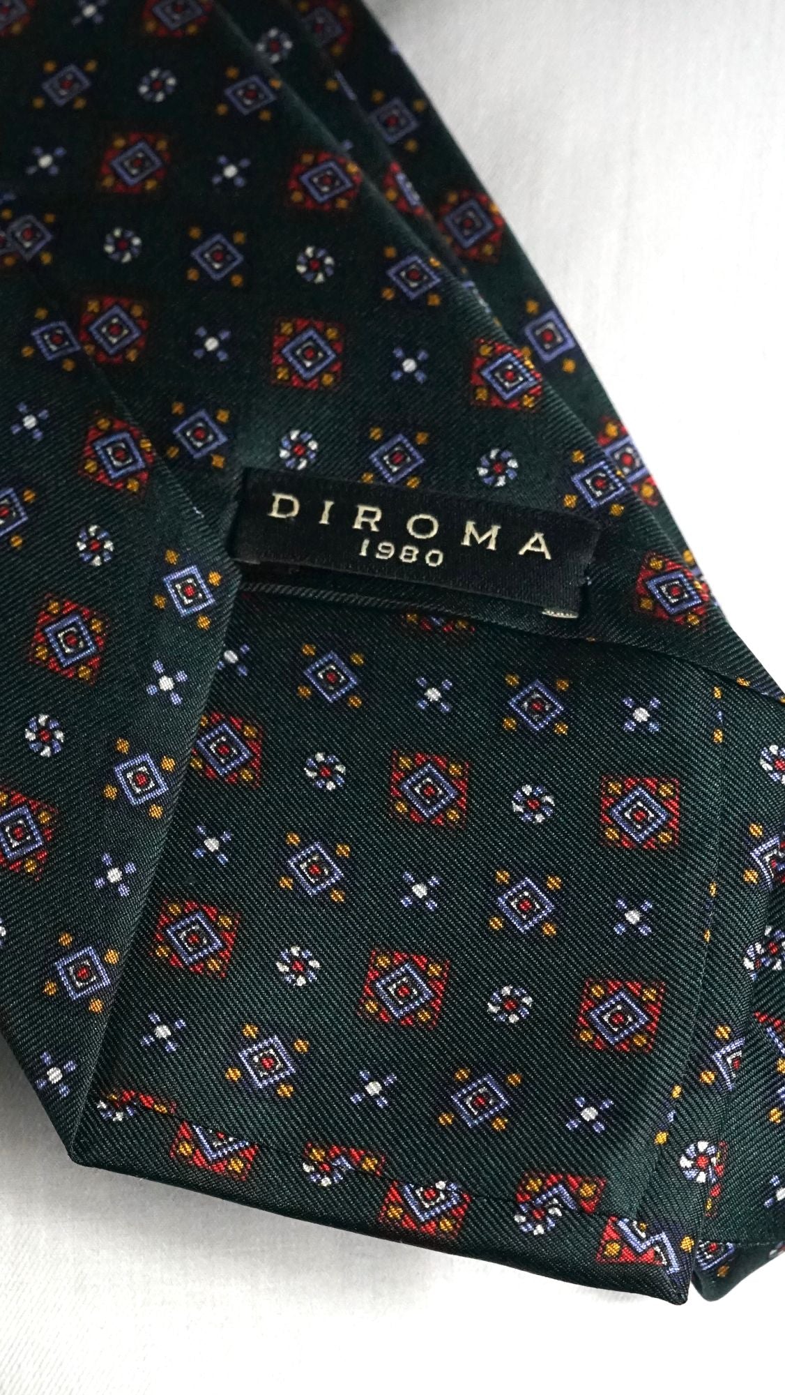 DIROMA 1980 label on the Benedetta green foulard silk tie