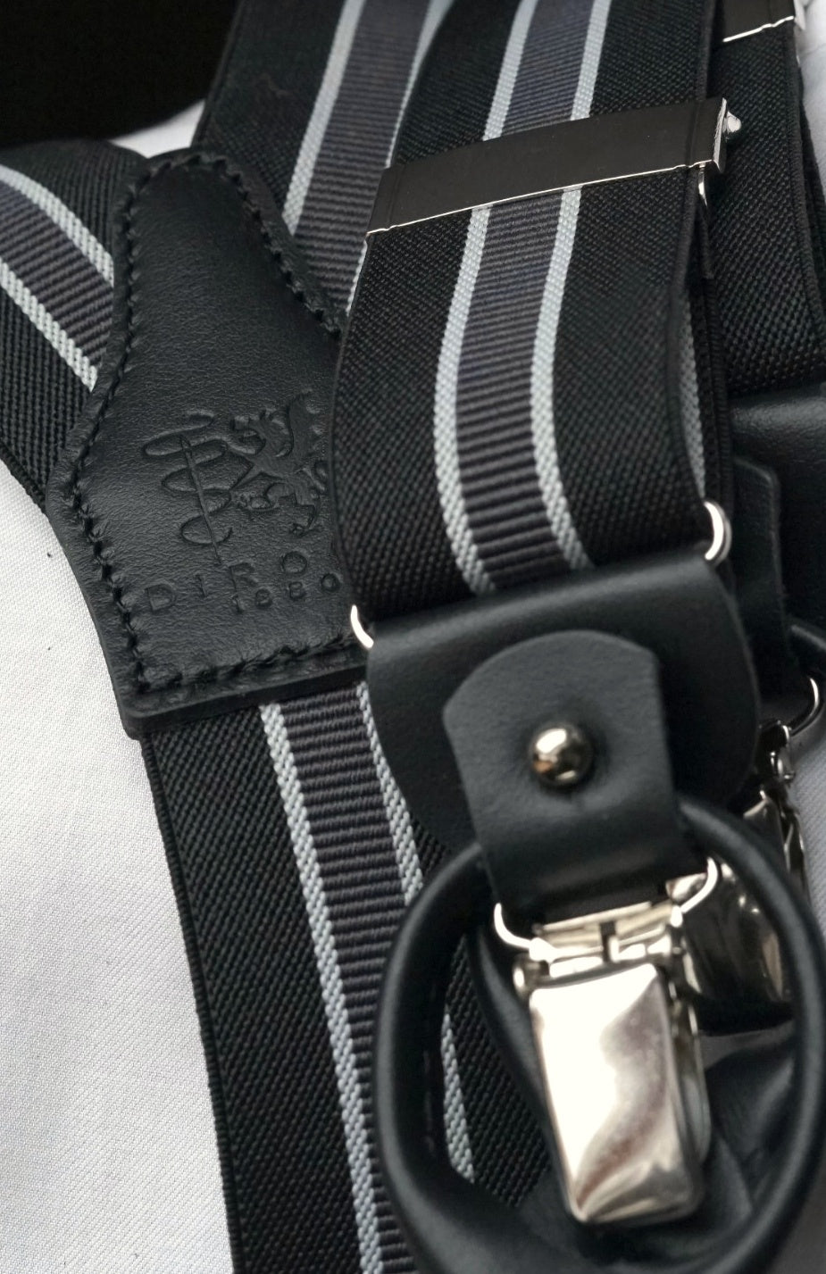 Giorgio black and grey clip/buttons braces, DIROMA 1980 leather patch