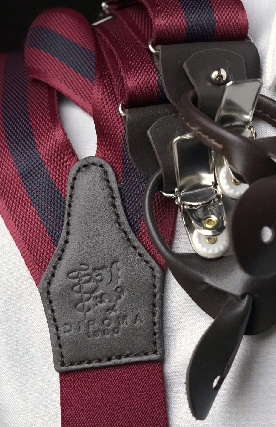 Leonardo burgundy and navy clip/buttons braces, DIROMA 1980 leather patch