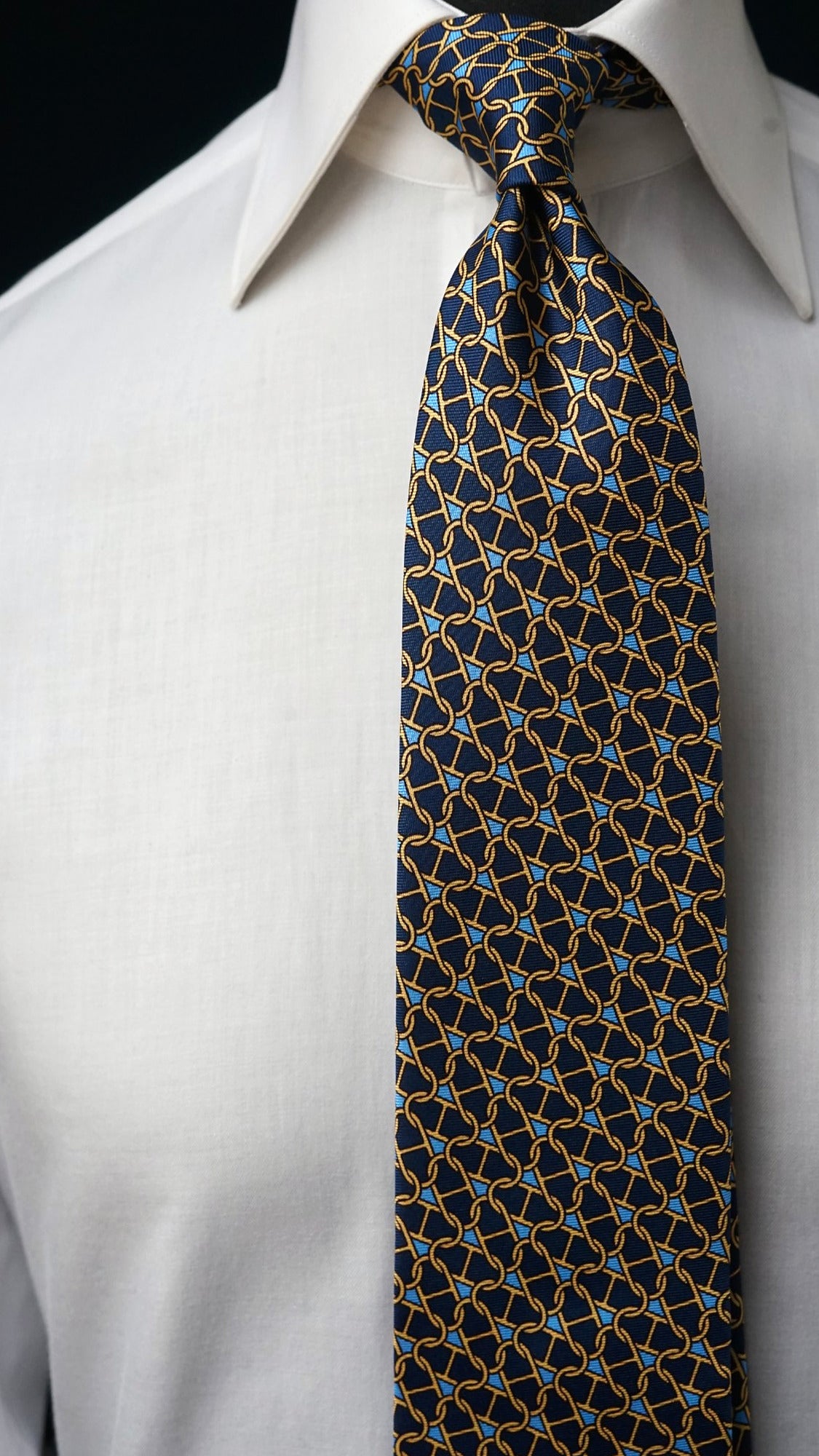 Marcella navy chain-link silk tie by DIROMA 1980, front view