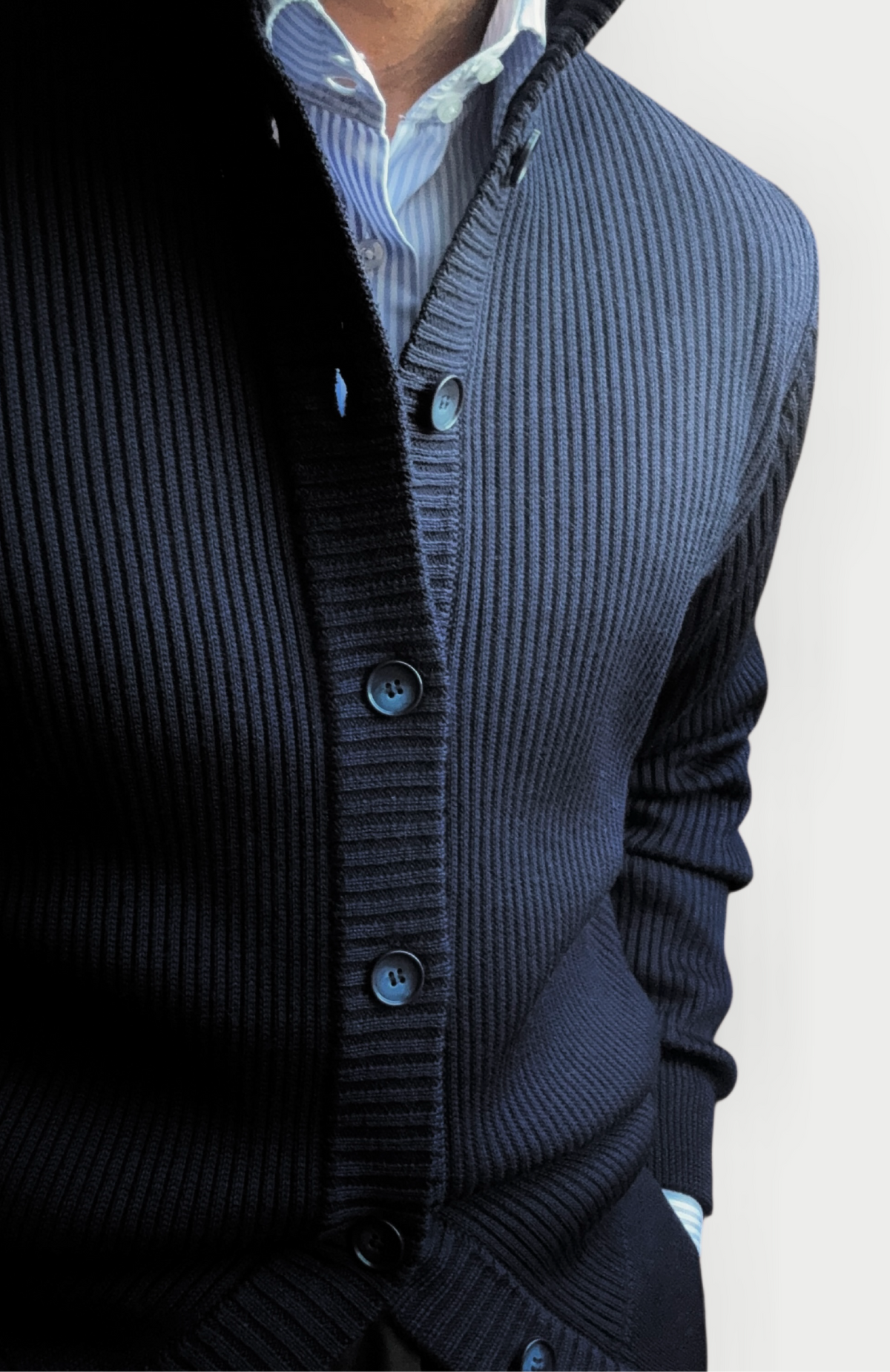 Navy Ribbed High Neck Button Jacket