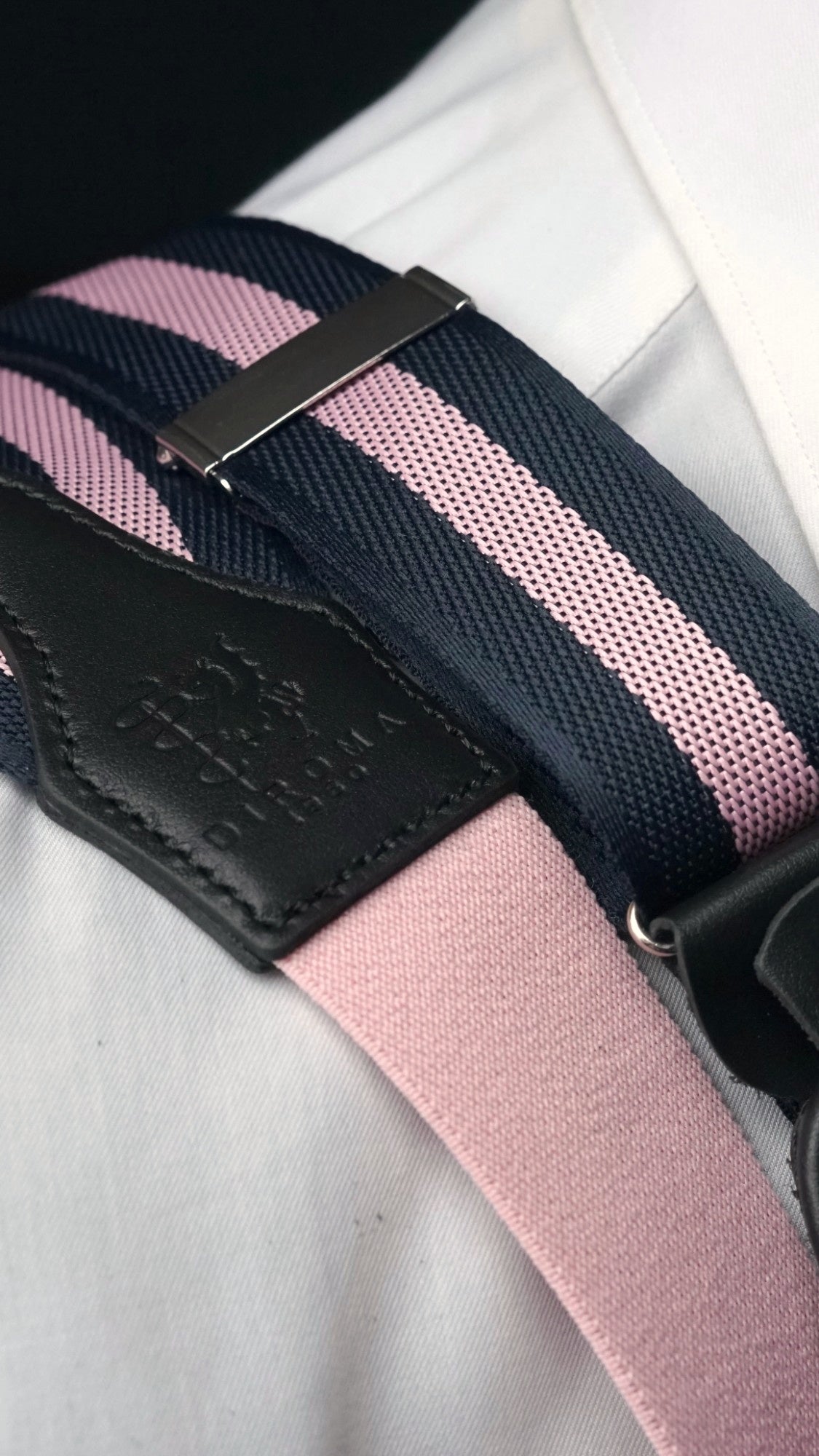 Ottavio braces navy and pink stripe close-up