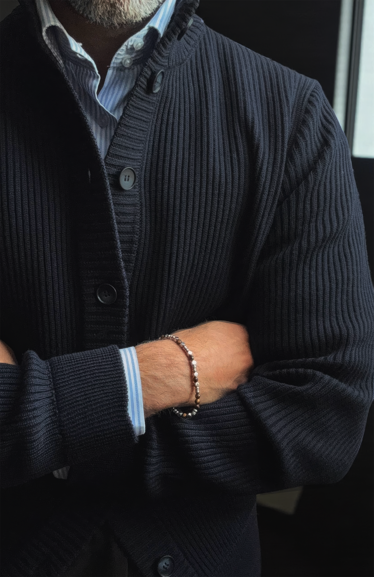 Navy Ribbed High Neck Button Jacket